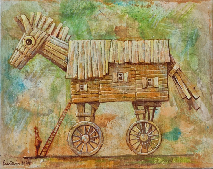 Radziewicz G., Koń Trojański, akryl, 24x30cm, 2024