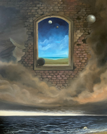Okno na podwórze, płyta, akryl, 100x80cm, 2023