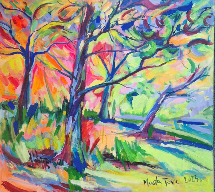 Forc Marta, Jesień w Puszczy, akryl na płótnie 80 x 90 cm, 2023