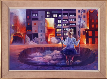 Karen Broyan, To nie film, to rzeczywistość, 55x77cm olej na desce, 2022, 5000zł_Easy